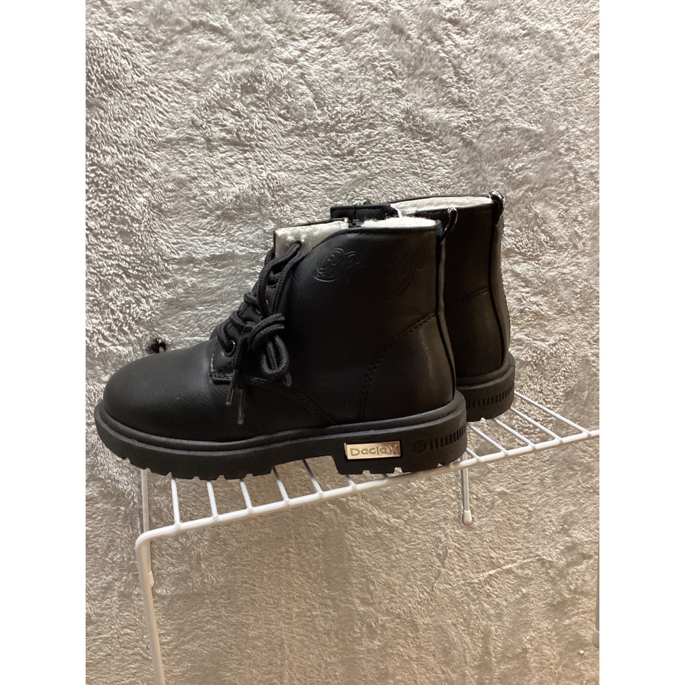 Kids Black Lace Up Side Zip Faux‎ Leather Winter Boots - Picture 4 of 6